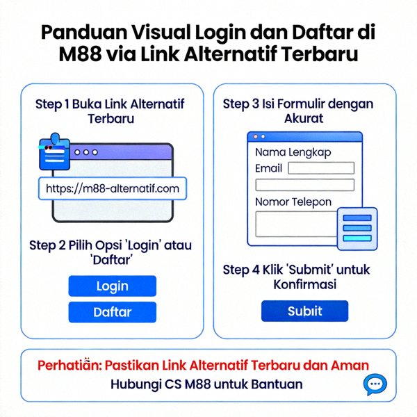 Panduan visual tentang cara login dan daftar di M88 menggunakan link alternatif terbaru